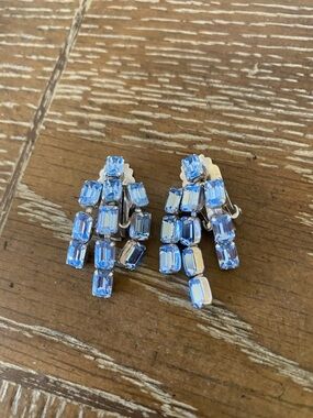 Mid century Signed Weiss Blue Rhinestone Cascade Clip-On Earrings